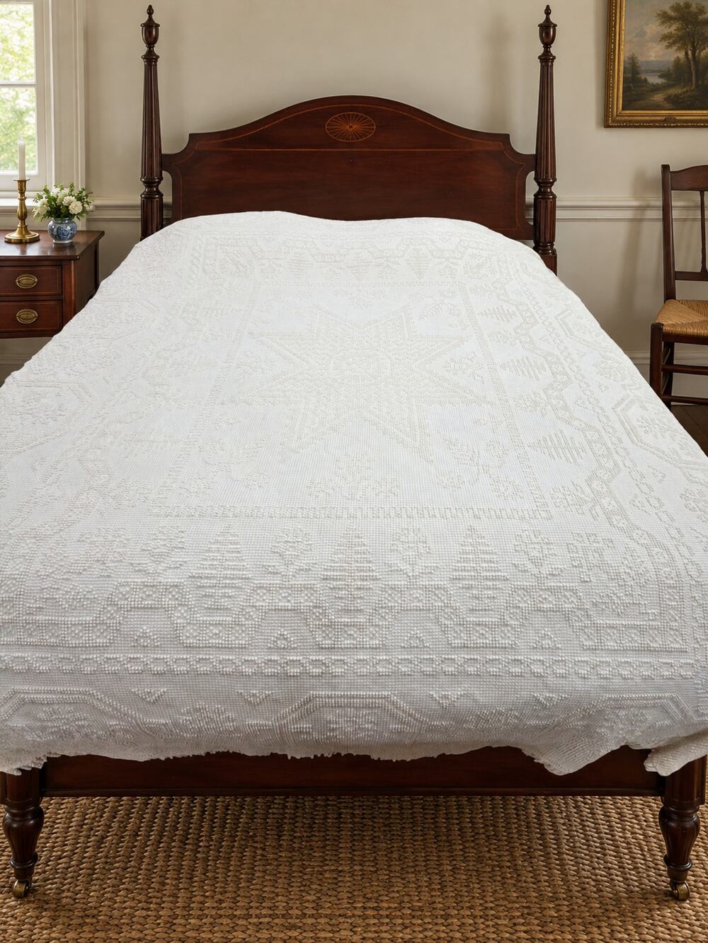 Vintage Candlewick Bedspread 100% Cotton Star Medallion Full Queen 88 x 104